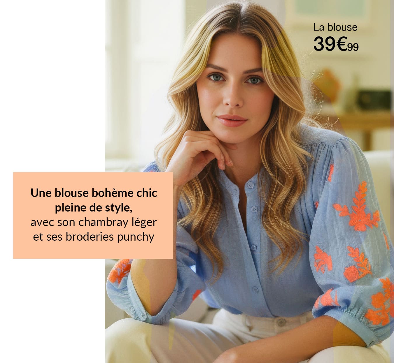 Blouse chambray, broderies contrastantes