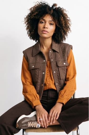 Veste sans manches maille fantaisie Marron