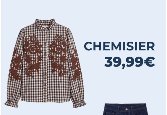 Chemisier à carreaux, broderies fleurs Marron et ecru